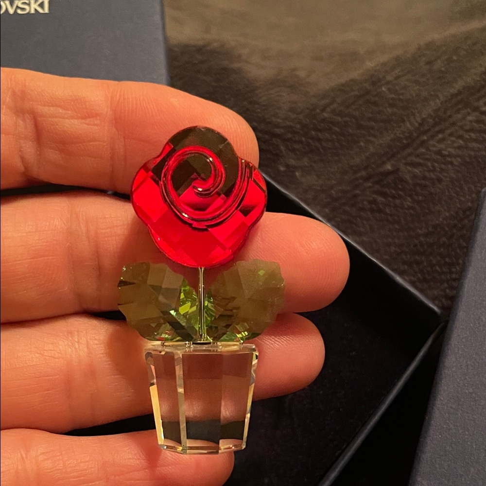 Swarovski Red and Green Crystal Rose Figurine